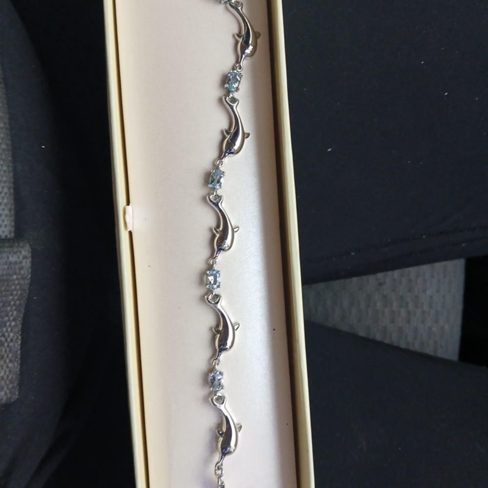 Silver Dolphin Link Bracelet with Blue Stones